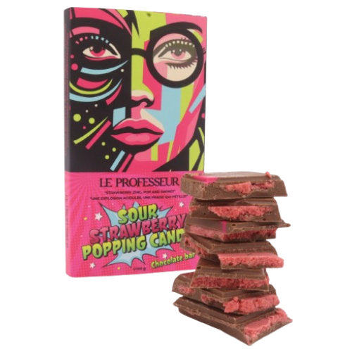 Le Professeur Sour Strawberry Popping Candy Chocolate 90g - 12 Count