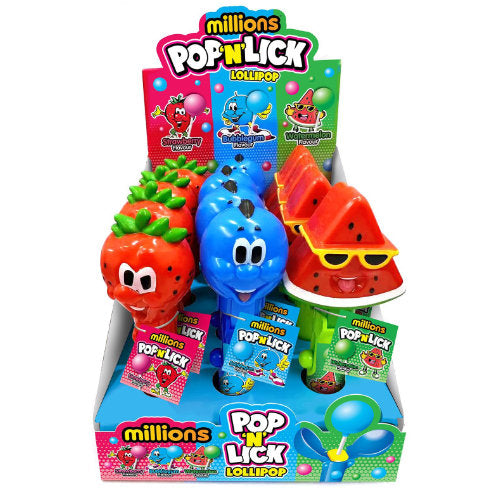 Millions Pop N Lick Candy Lollipops - 12 Count