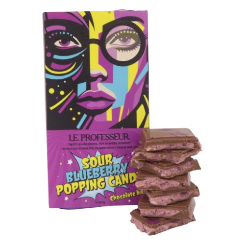 Le Professeur Sour Blueberry Popping Candy Chocolate 90g - 12 Count