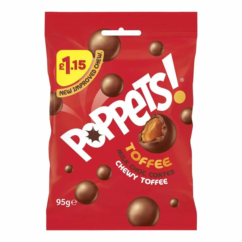 Poppets Milk Chocolate Coated Chewy Toffee Bag 95g PMP £1.15 - 10 Count